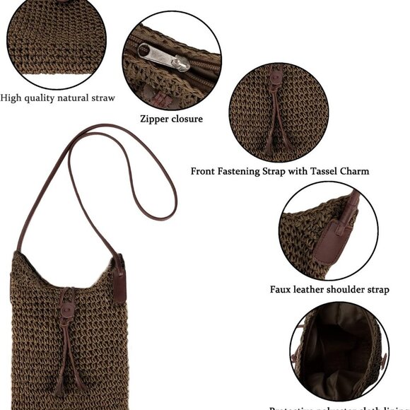 Womens Small Straw Crossbody Bag Handwoven Beach Shoulder Bag Handbag Purse with - Picture 2 of 6